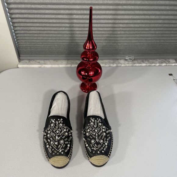 BOTKIER Black Leather SLOAN Rhinestone embellish Espadrilles Flat Shoes Women 6M - Picture 1 of 9